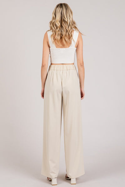 Twill Wide Leg Elastic High Waist Trouser Pants