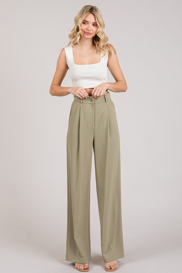 Twill Darted Wide Leg High Rise Trouser Pants
