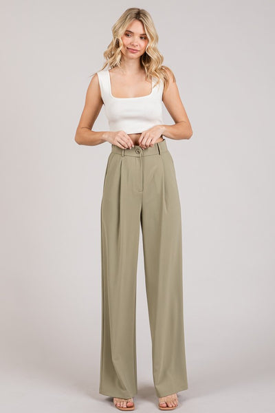 Twill Darted Wide Leg High Rise Trouser Pants