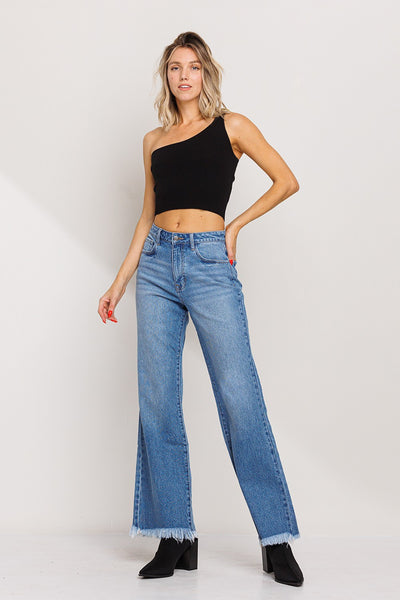 Stretch Mid Rise Raw Hem Wide Leg Jeans