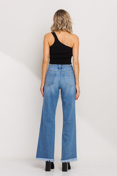 Stretch Mid Rise Raw Hem Wide Leg Jeans