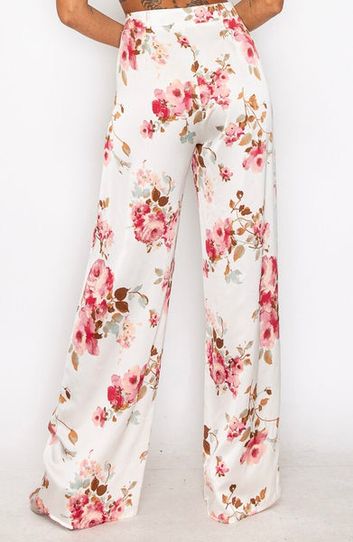 Satin High Waist Wide Leg Floral Trouser Pants