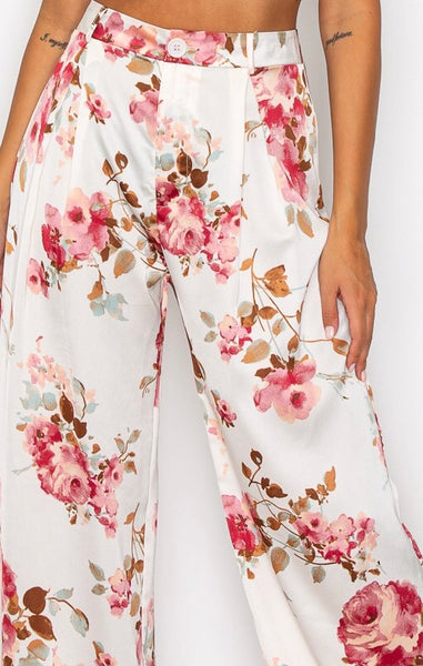 Satin High Waist Wide Leg Floral Trouser Pants