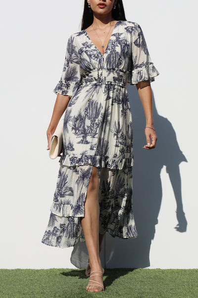 Resort Floral Kimono Sleeve Midi Dress