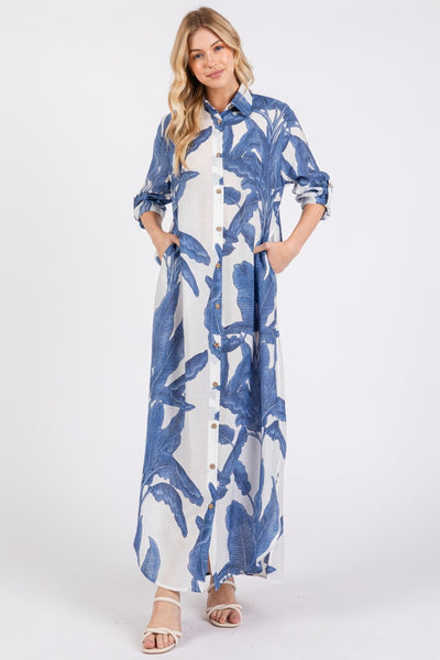 Palm Button-Down Maxi Dress with Rolled up Sleeve