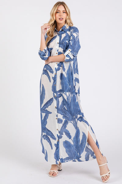 Palm Button-Down Maxi Dress with Rolled up Sleeve