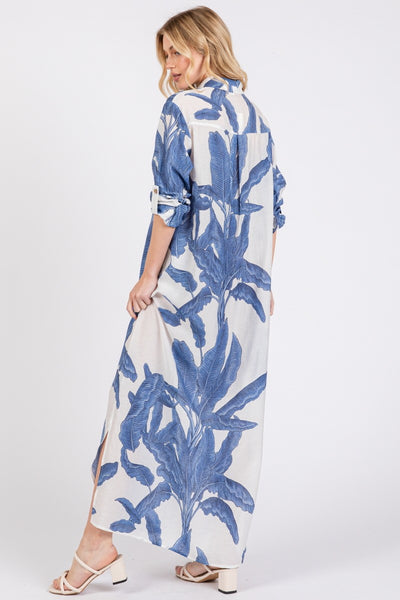Palm Button-Down Maxi Dress with Rolled up Sleeve