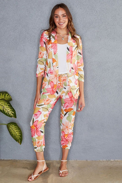 Leaves Linen Blend Elastic Cuff Hem Pants