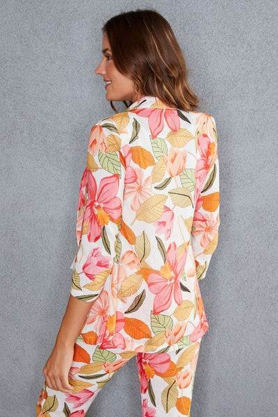 Leaves Linen Blend Ruched Sleeve Blazer