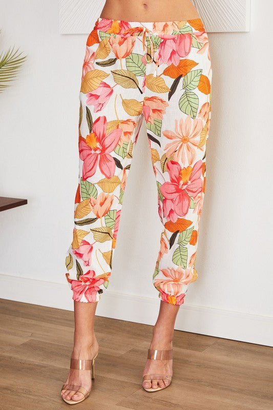 Leaves Linen Blend Elastic Cuff Hem Pants