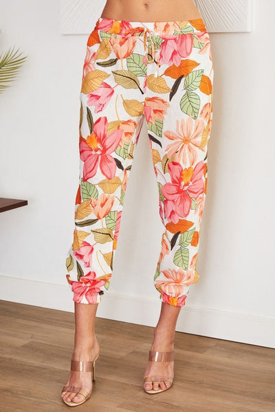 Leaves Linen Blend Elastic Cuff Hem Pants