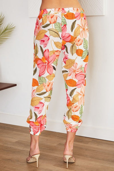 Leaves Linen Blend Elastic Cuff Hem Pants