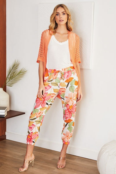 Leaves Linen Blend Elastic Cuff Hem Pants