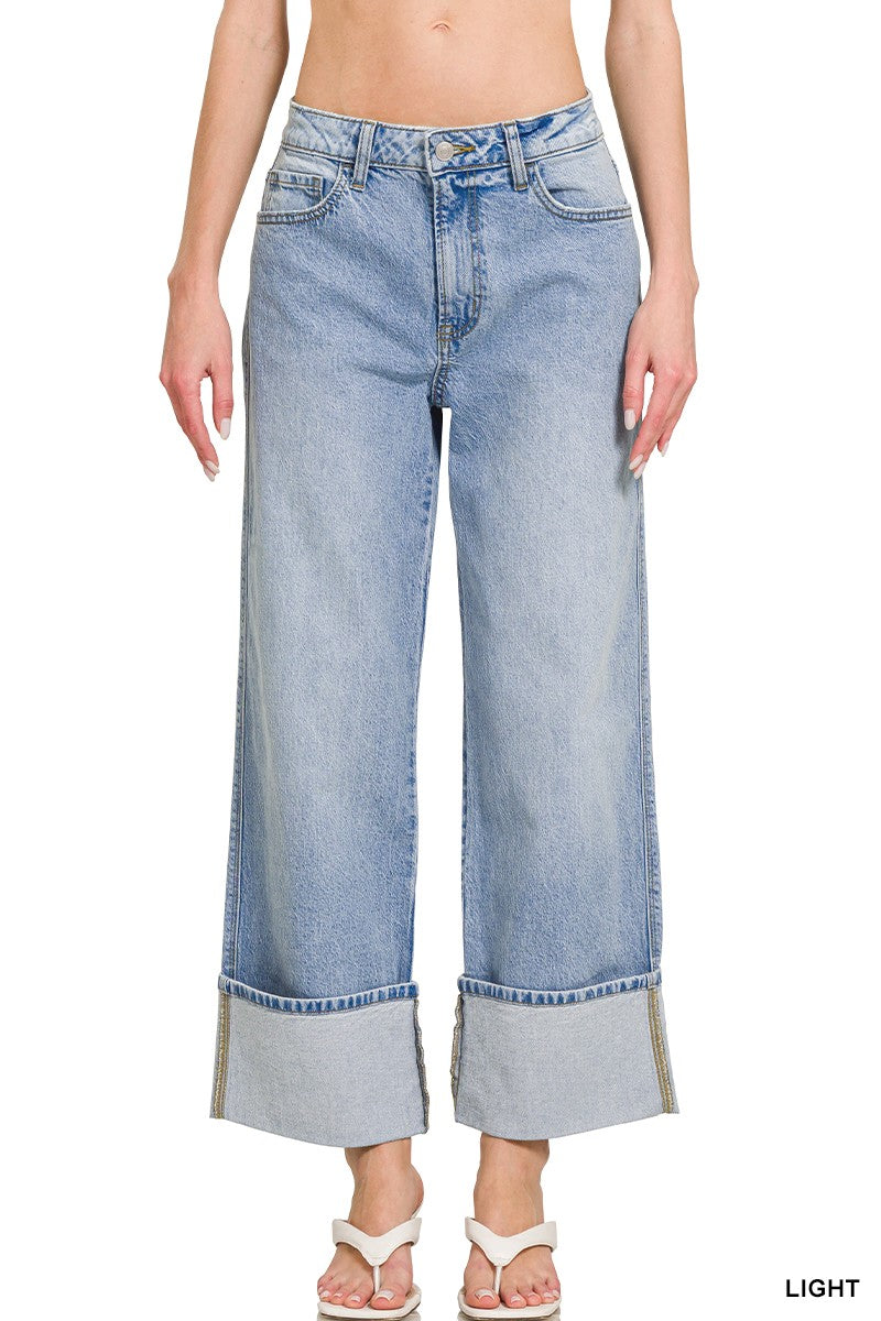 High Rise Cuffed Wide Leg Jeans