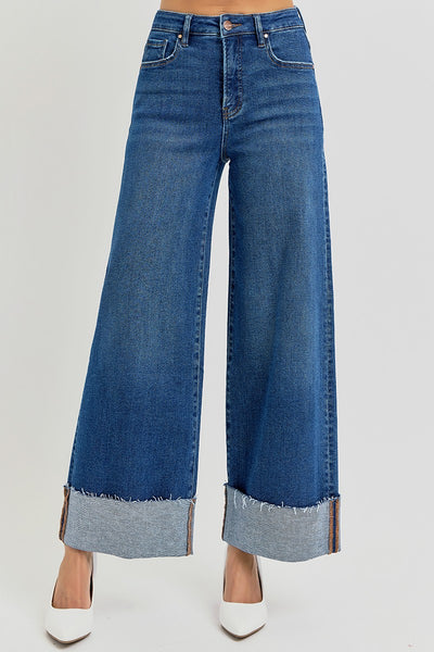 Tummy Control High Rise Crop Wide Cuffed Jeans