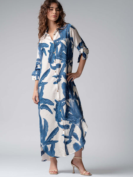 Palm Button-Down Maxi Dress with Rolled up Sleeve