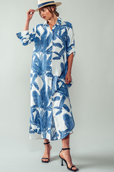 Palm Button-Down Maxi Dress with Rolled up Sleeve