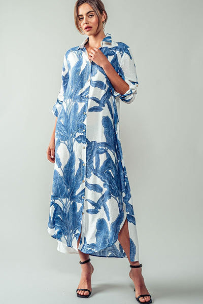 Palm Button-Down Maxi Dress with Rolled up Sleeve