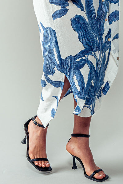 Palm Button-Down Maxi Dress with Rolled up Sleeve
