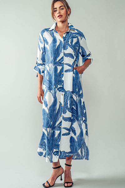 Palm Button-Down Maxi Dress with Rolled up Sleeve