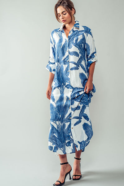 Palm Button-Down Maxi Dress with Rolled up Sleeve