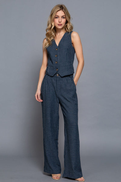 Straight Stripe Linen Effect Long Pants