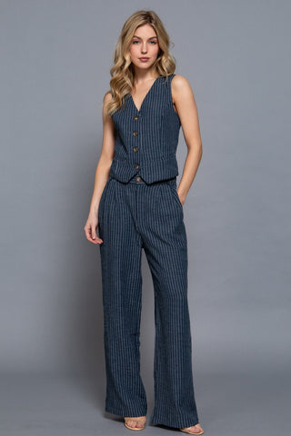 V-neckline Striped Linen Effect Vest