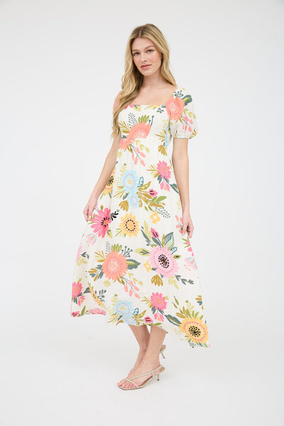 Puff Sleeve Floral Bouquets Midi Dress