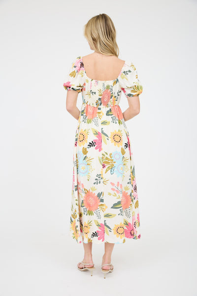 Puff Sleeve Floral Bouquets Midi Dress