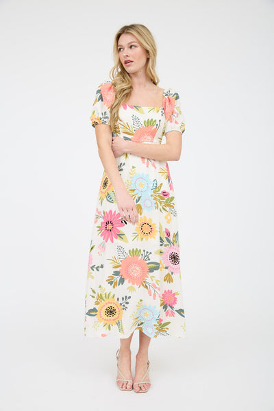 Puff Sleeve Floral Bouquets Midi Dress
