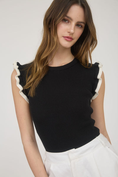 Contrast Ruffle Sleeve Knit Top