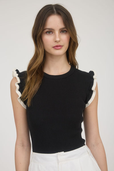 Contrast Ruffle Sleeve Knit Top