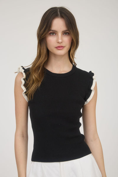 Contrast Ruffle Sleeve Knit Top