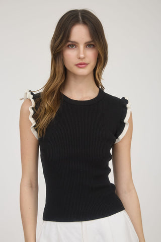 Contrast Ruffle Sleeve Knit Top