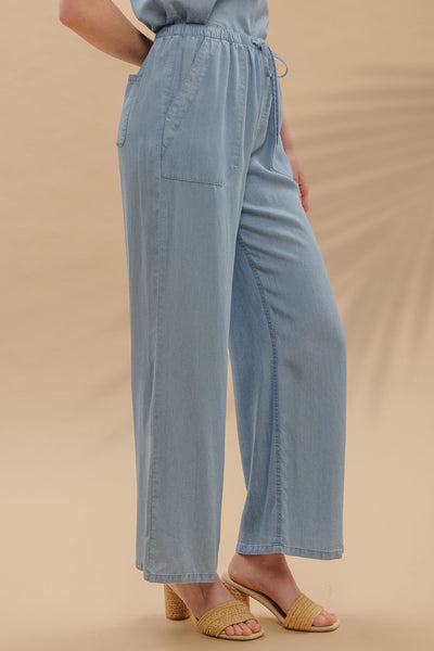 Chambray Drawstring Wide Leg Pants