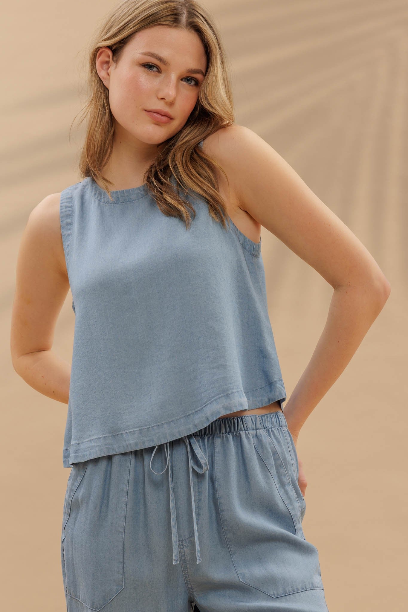 Chambray Round Neck Back Buttons Top