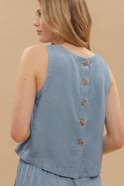 Chambray Round Neck Back Buttons Top