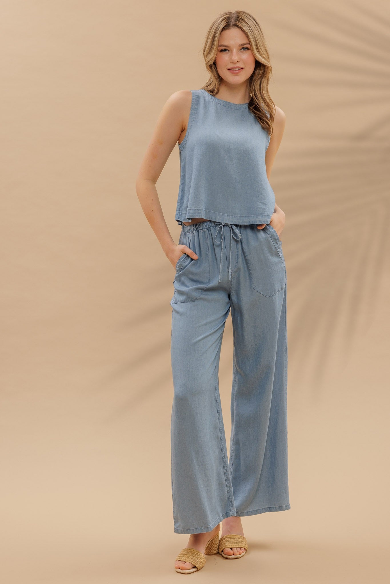 Chambray Drawstring Wide Leg Pants