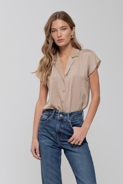 Satin Feel Drop Shoulder Collared Button Down Shirt