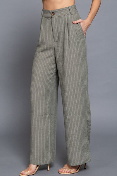 Linen Effect Straight Striped Pants