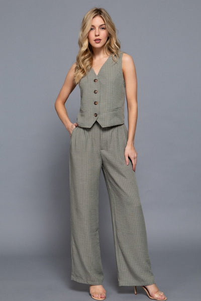 Linen Effect Straight Striped Pants