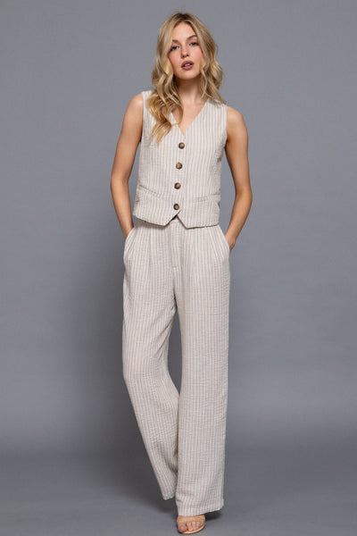 Linen Effect Straight Striped Pants