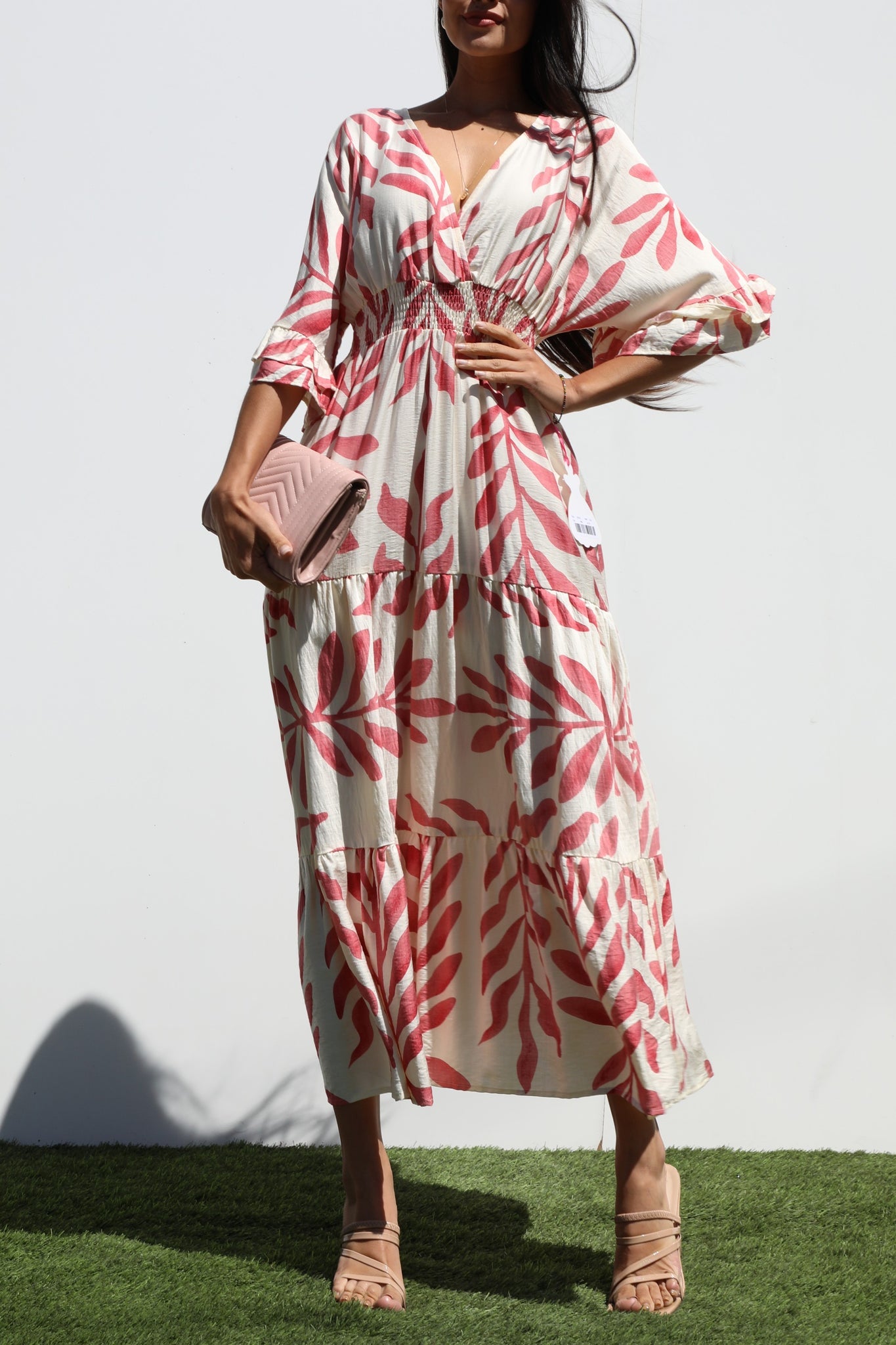 V Neck Vines Smocked Midi Dress