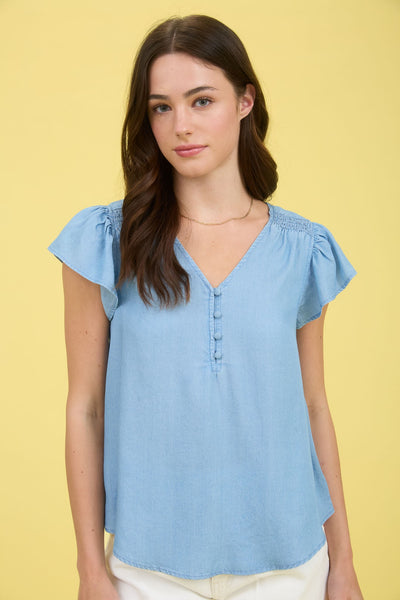 Chambray V Neck Ruffle Sleeve Top