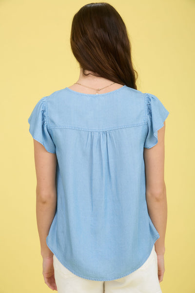 Chambray V Neck Ruffle Sleeve Top