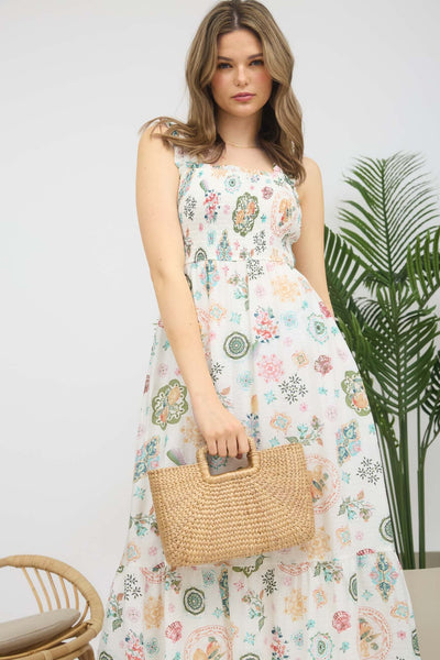 Fruit Smocked Sleeveless Midi Dress