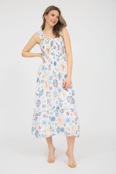 Fruit Smocked Sleeveless Midi Dress