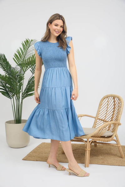 Chambray Smocked Ruffle Sleeve Midi Dress