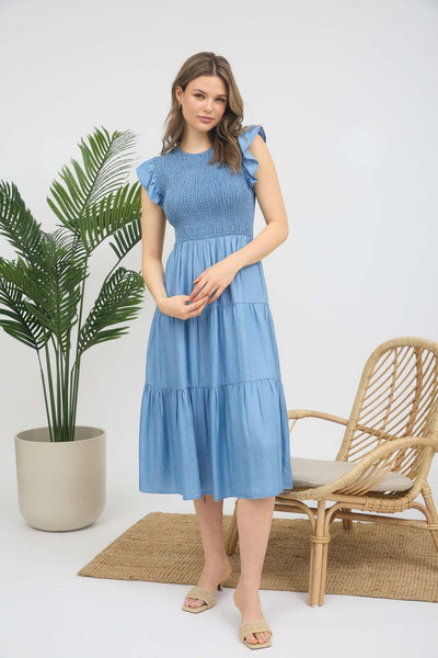 Chambray Smocked Ruffle Sleeve Midi Dress