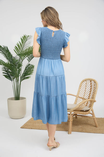 Chambray Smocked Ruffle Sleeve Midi Dress